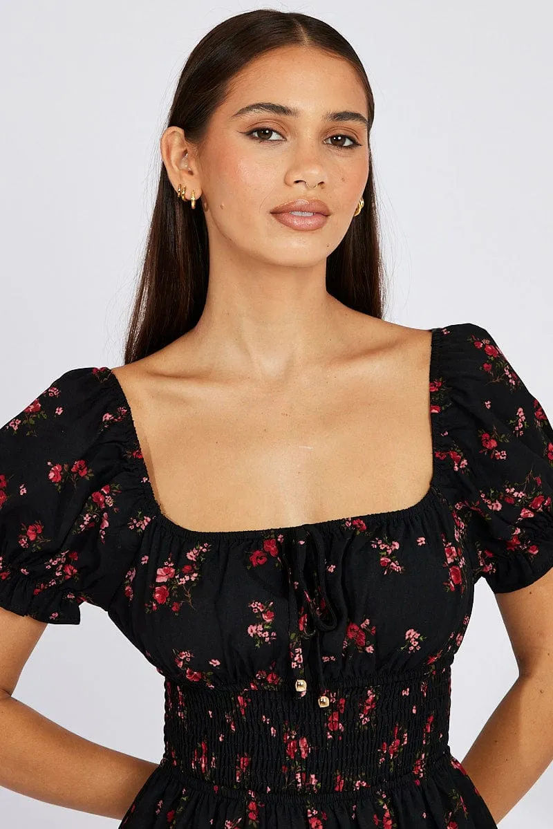 Black Floral Fit And Flare Dress Puff Sleeve Mini sold by Ally Fashion product image thumbnail 3