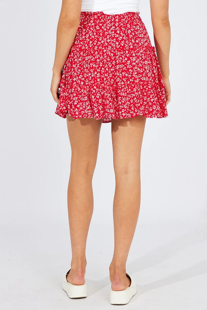 Red Floral Skater Skirt Elastic Waist Mini sold by Ally Fashion product image thumbnail 5