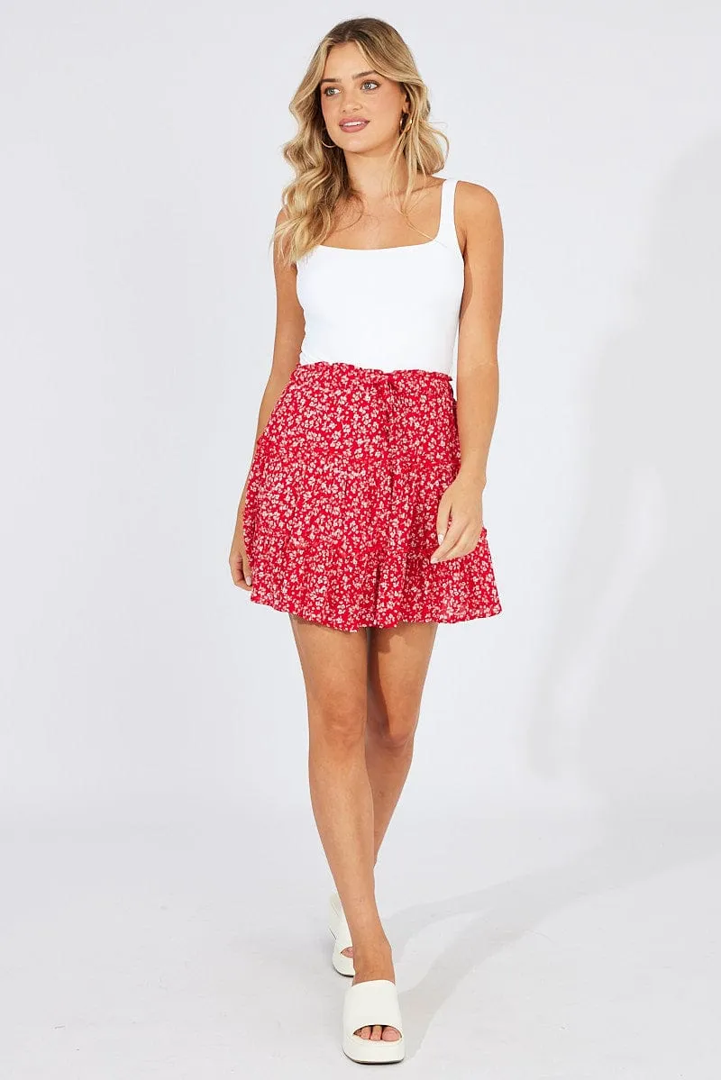 Red Floral Skater Skirt Elastic Waist Mini sold by Ally Fashion product image thumbnail 2