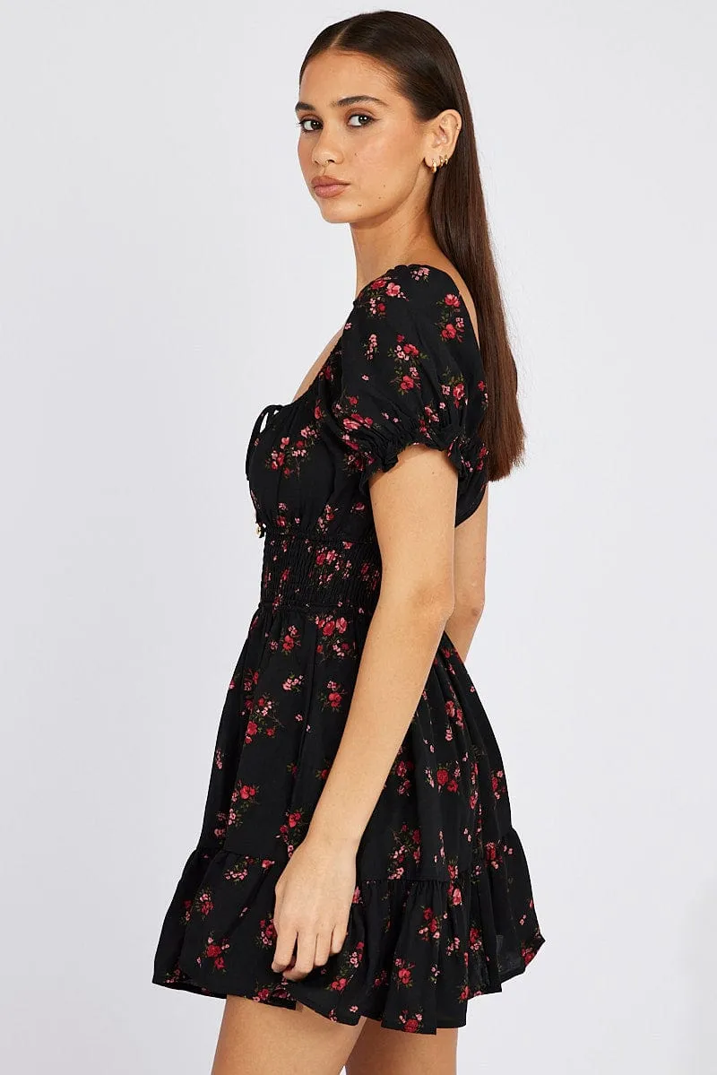 Black Floral Fit And Flare Dress Puff Sleeve Mini sold by Ally Fashion product image thumbnail 4