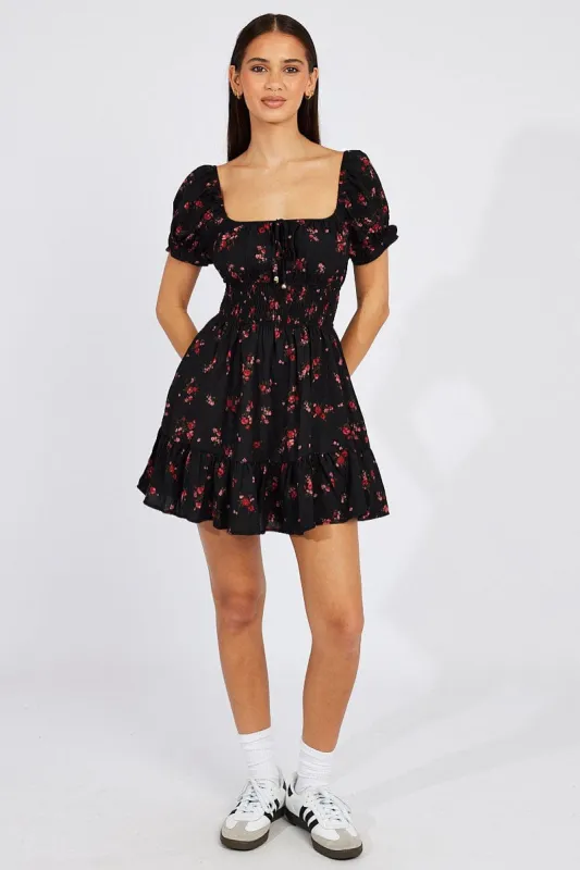 Black Floral Fit And Flare Dress Puff Sleeve Mini sold by Ally Fashion