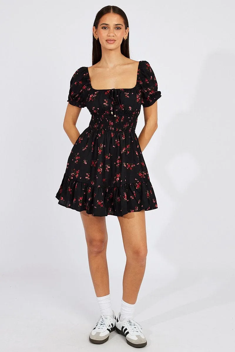 Black Floral Fit And Flare Dress Puff Sleeve Mini sold by Ally Fashion