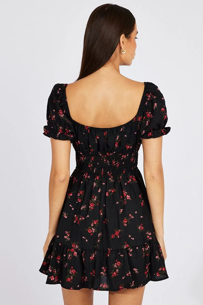 Black Floral Fit And Flare Dress Puff Sleeve Mini sold by Ally Fashion product image thumbnail 5