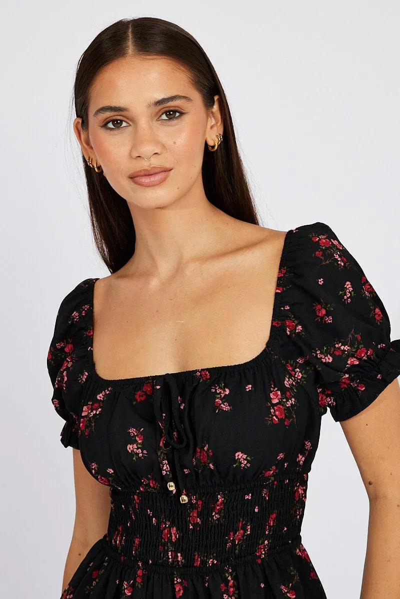 Black Floral Fit And Flare Dress Puff Sleeve Mini sold by Ally Fashion product image thumbnail 2