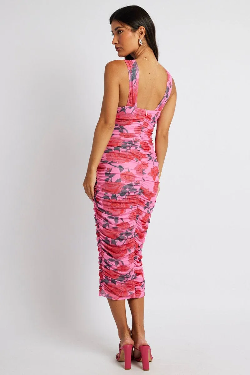 Multi Floral Midi Dress Rose Mesh Ruched V Wire sold by Ally Fashion product image thumbnail 5
