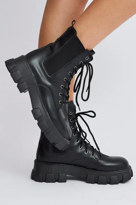 Black Lace Up Chunky Boots sold by Ally Fashion