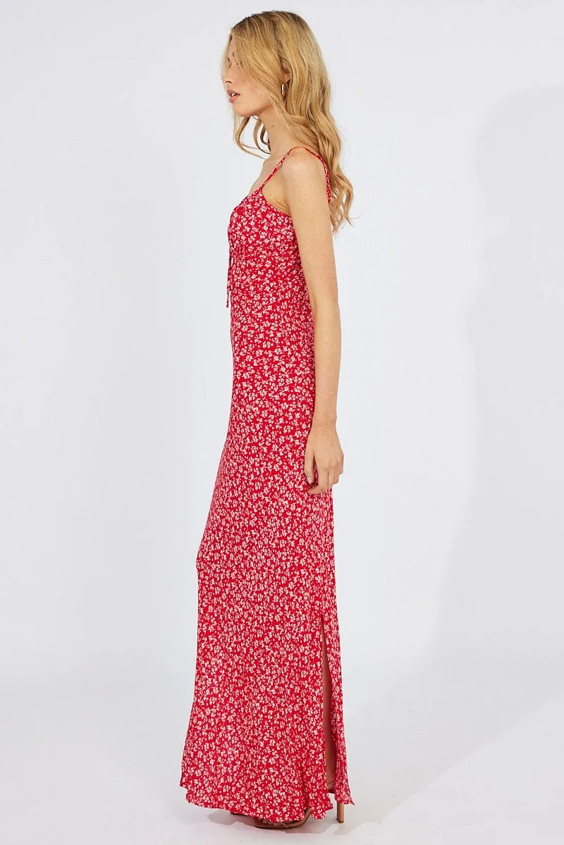 Red Floral Midi Dress Gathering Bust Sleeveless sold by Ally Fashion product image thumbnail 4
