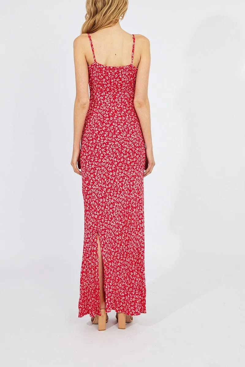 Red Floral Midi Dress Gathering Bust Sleeveless sold by Ally Fashion product image thumbnail 5