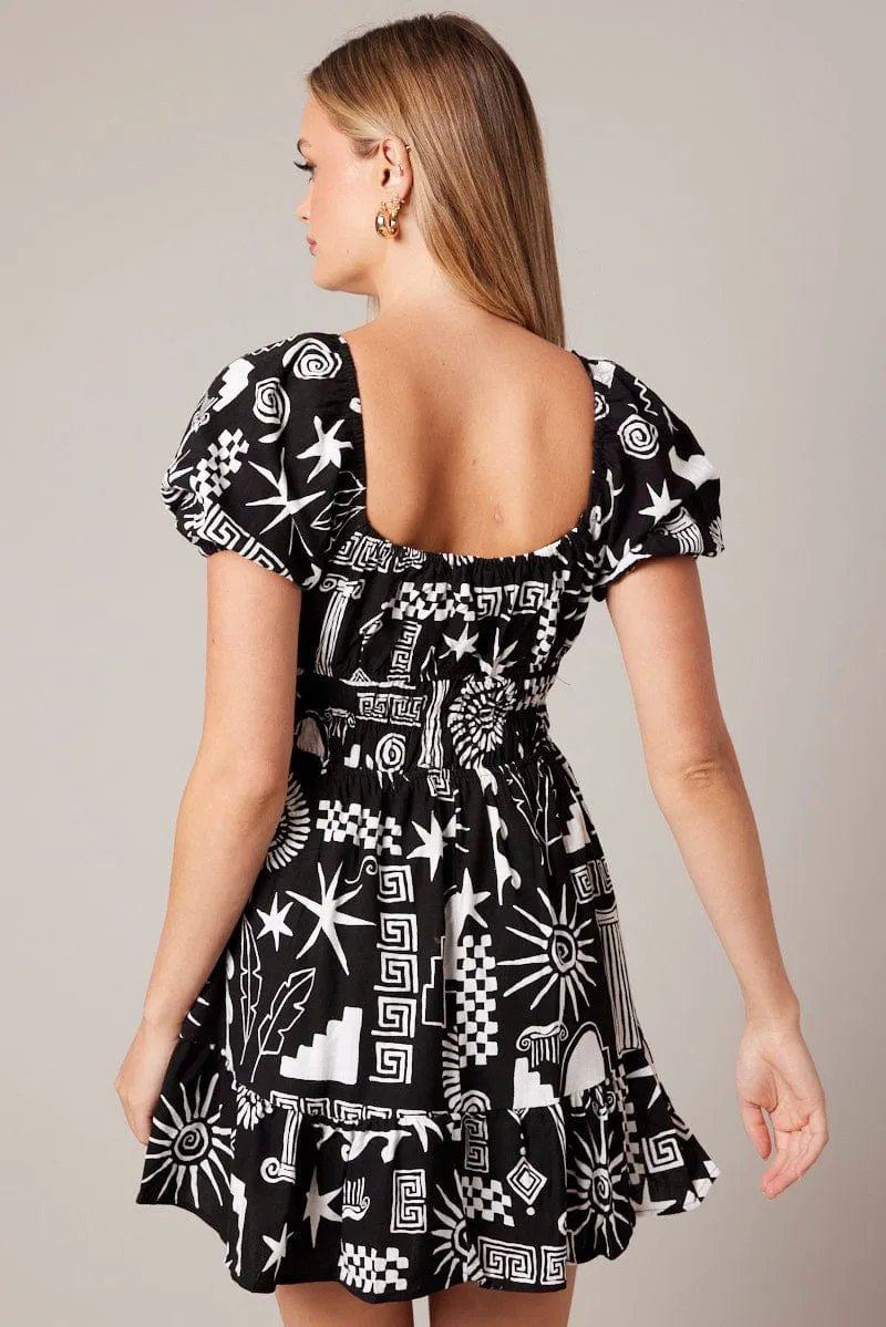 Black Abstract Fit And Flare Dress Puff Sleeve Mini sold by Ally Fashion product image thumbnail 5