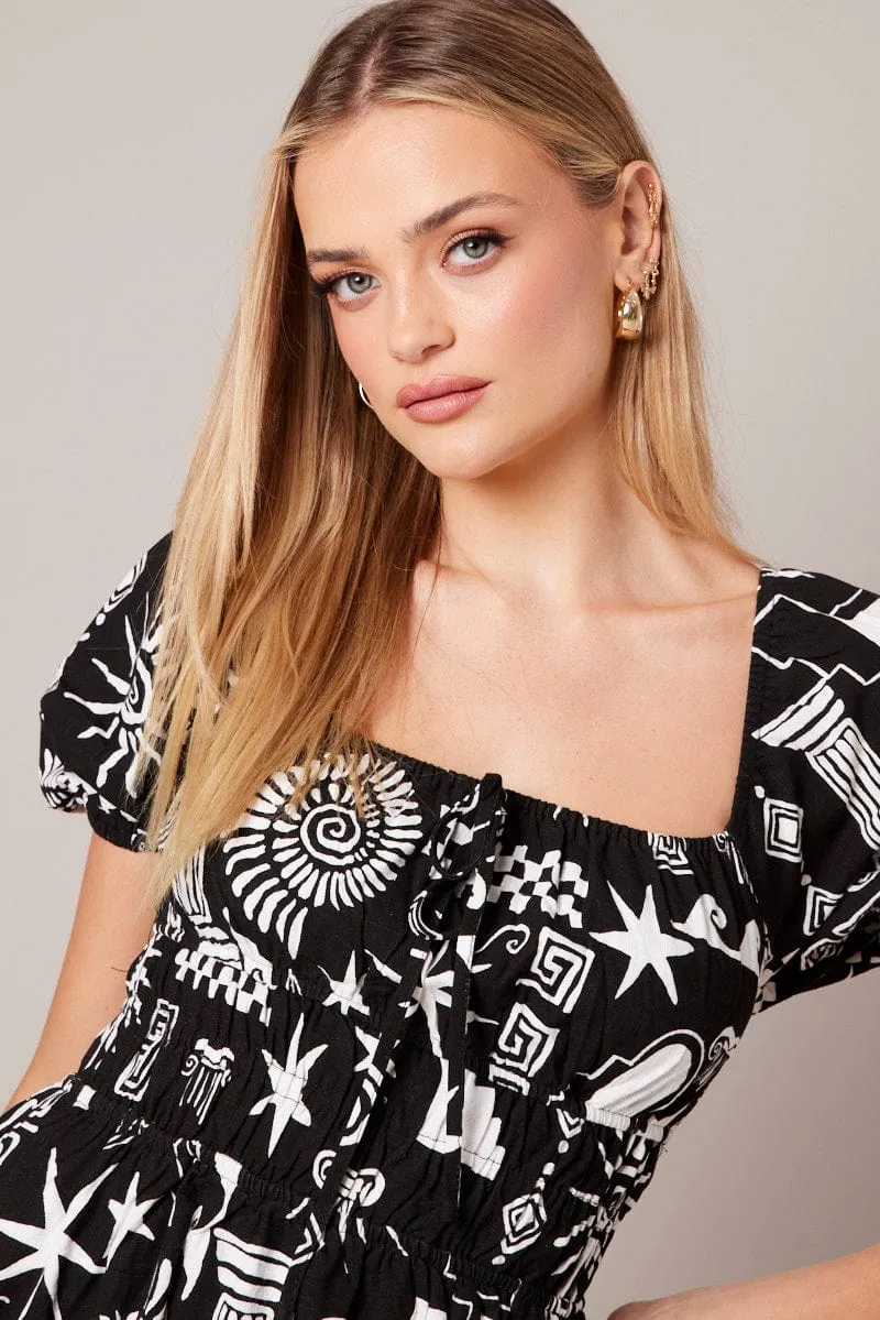 Black Abstract Fit And Flare Dress Puff Sleeve Mini sold by Ally Fashion product image thumbnail 3