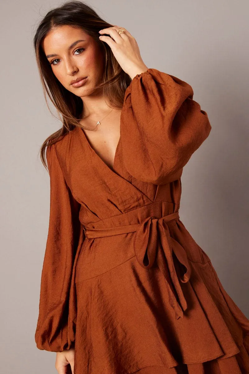 Brown Wrap Dress Mocha Satin Balloon Sleeve Dress sold by Ally Fashion product image thumbnail 2