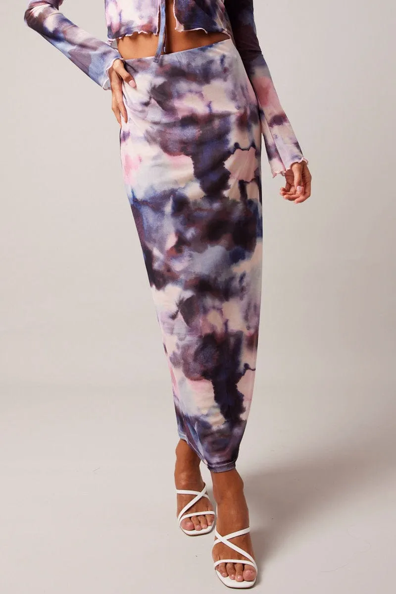 Multi Abstract Maxi Skirt High Rise Mesh sold by Ally Fashion