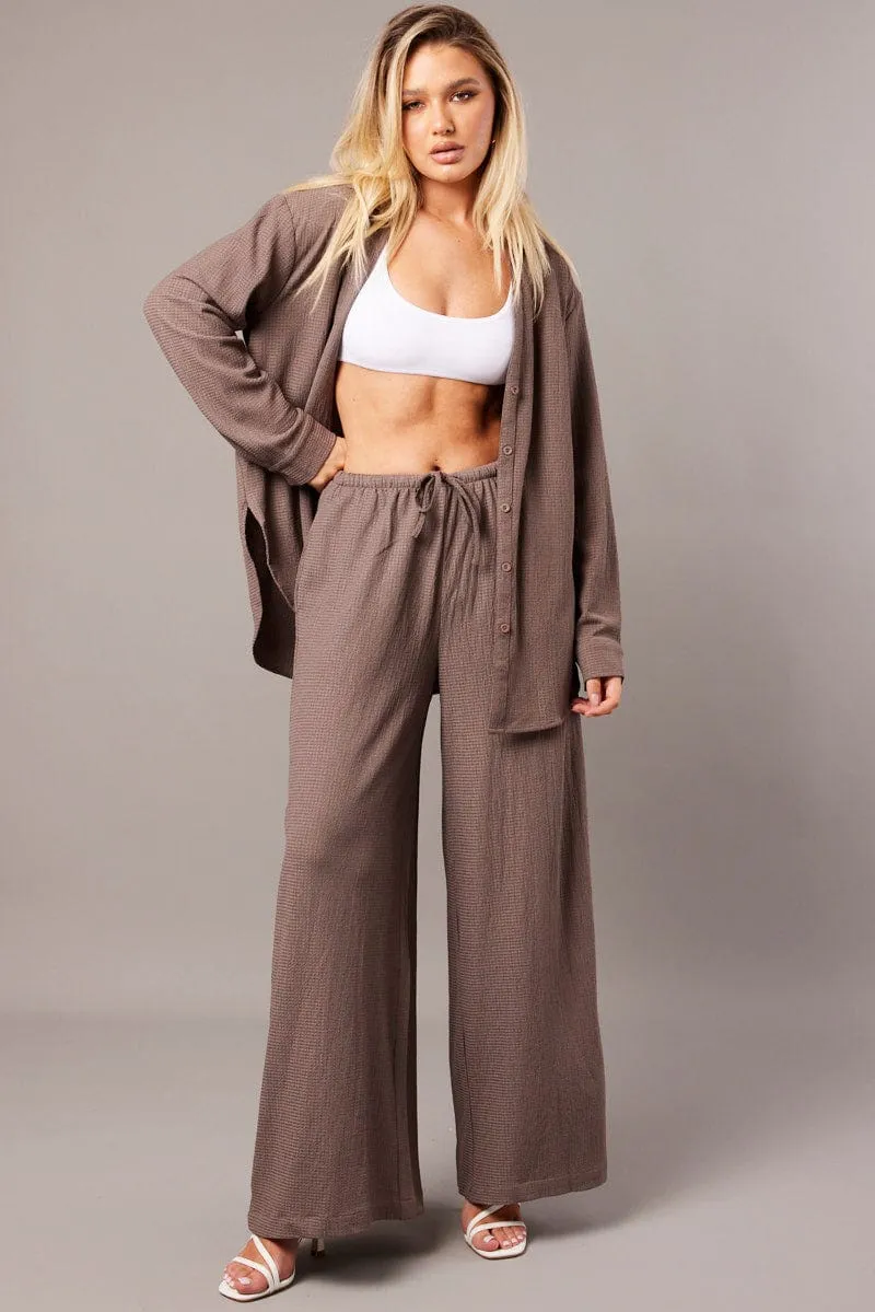 Brown Wide Leg Pants High Rise Textured Fabric sold by Ally Fashion product image thumbnail 2
