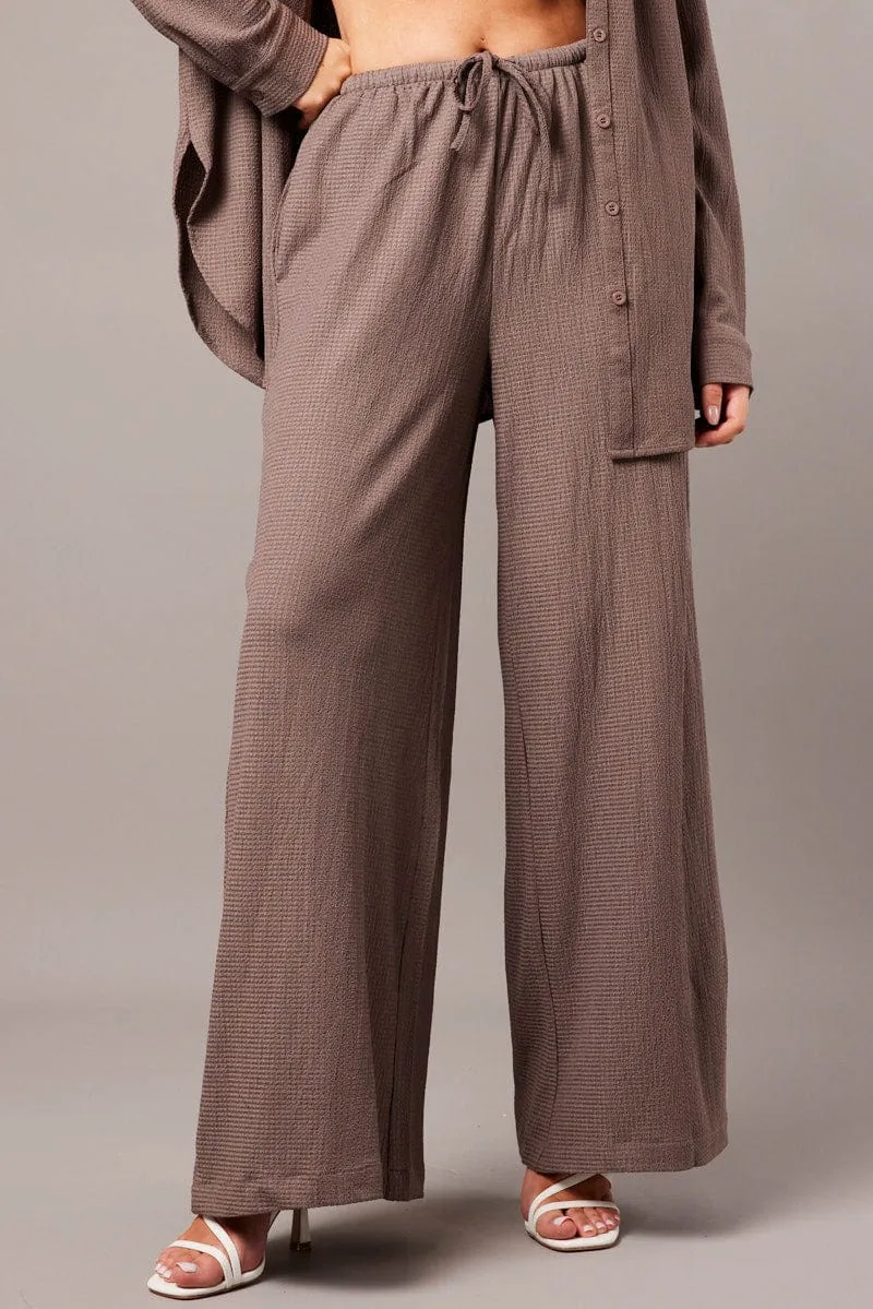 Brown Wide Leg Pants High Rise Textured Fabric sold by Ally Fashion