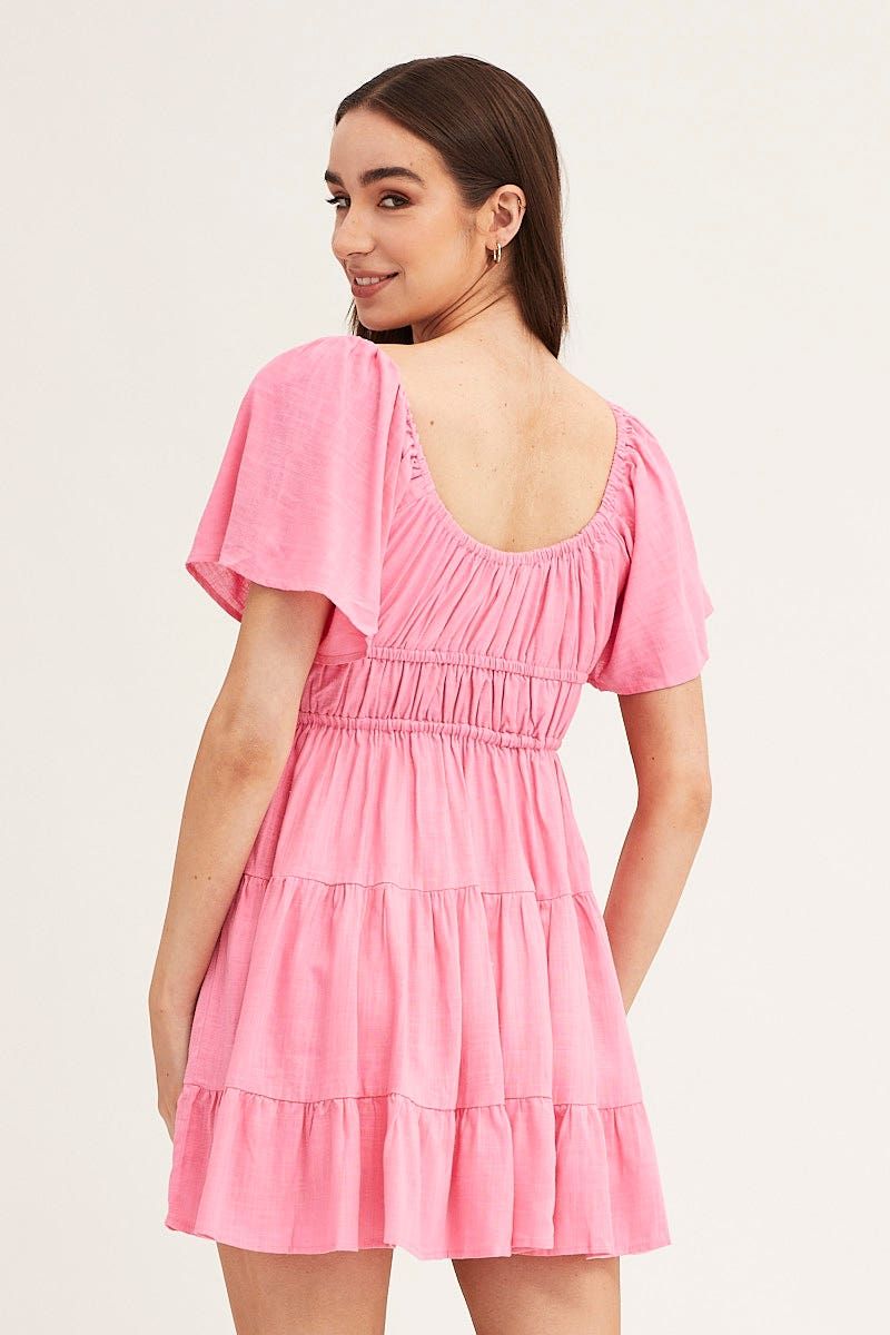 Pink Round Neck Short Sleeve Linen Blend Skater Dress sold by Ally Fashion product image thumbnail 5