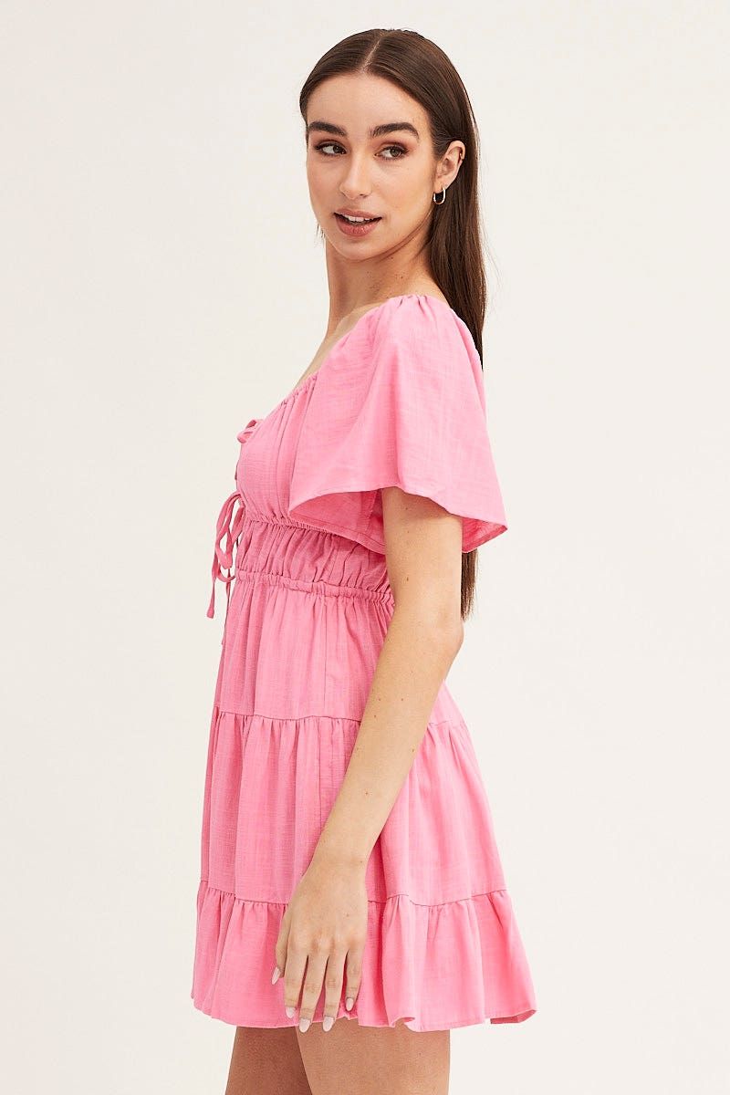 Pink Round Neck Short Sleeve Linen Blend Skater Dress sold by Ally Fashion product image thumbnail 4