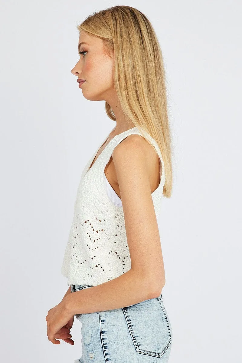 White Knit Vest Sleeveless V Neck Crochet Button Up sold by Ally Fashion product image thumbnail 4
