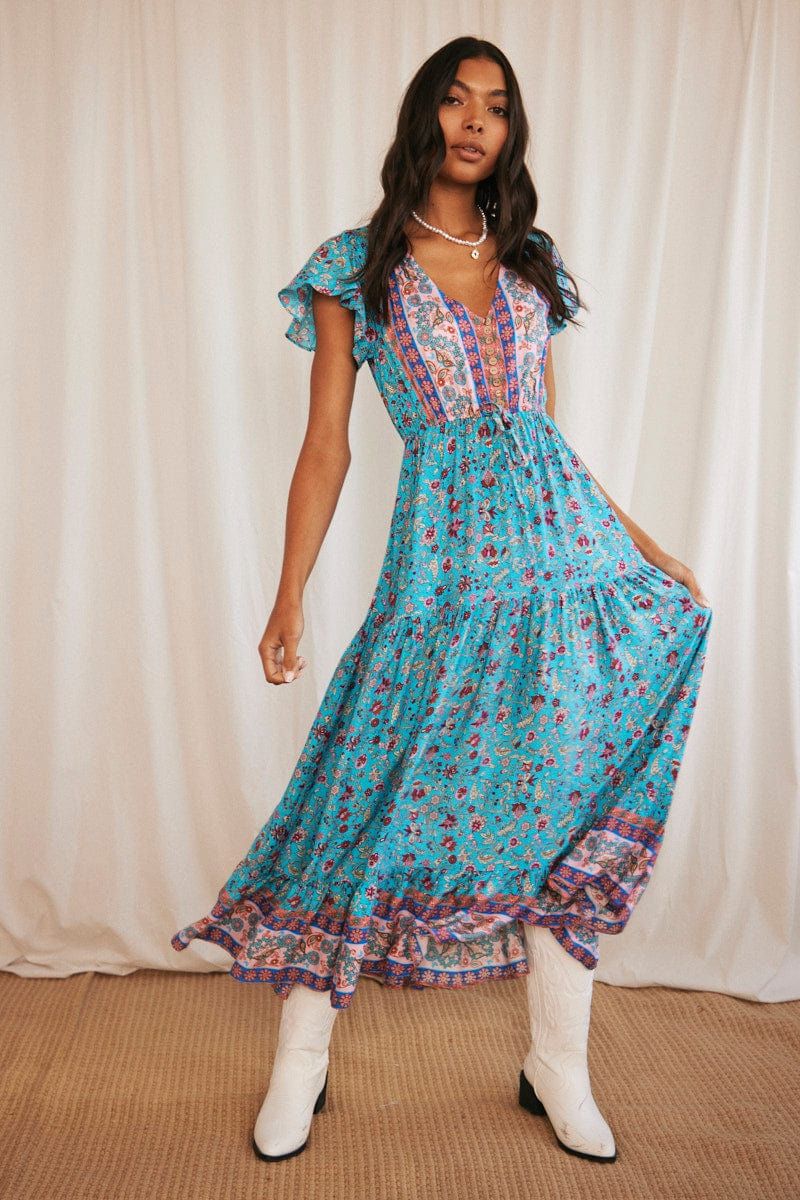 Print Boho Print Maxi Dress Short Sleeve V-Neck sold by Ally Fashion