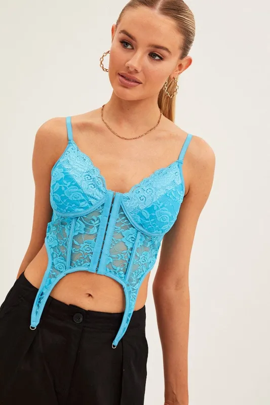 Blue Corset Top Sleeveless Sweetheart Crop Garter Lace sold by Ally Fashion