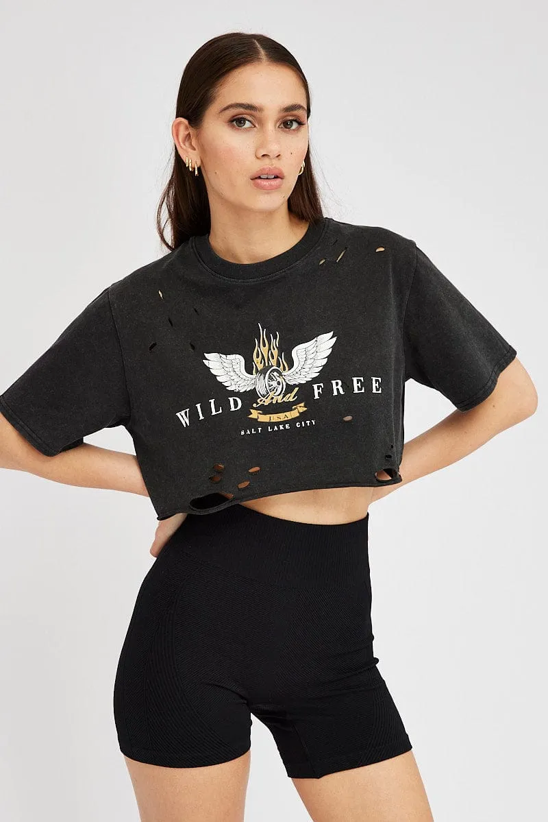 Grey Graphic Tee Short Sleeve Crop Round Neck sold by Ally Fashion