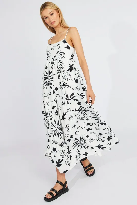 White Abstract Maxi Dress Strappy Tiered sold by Ally Fashion