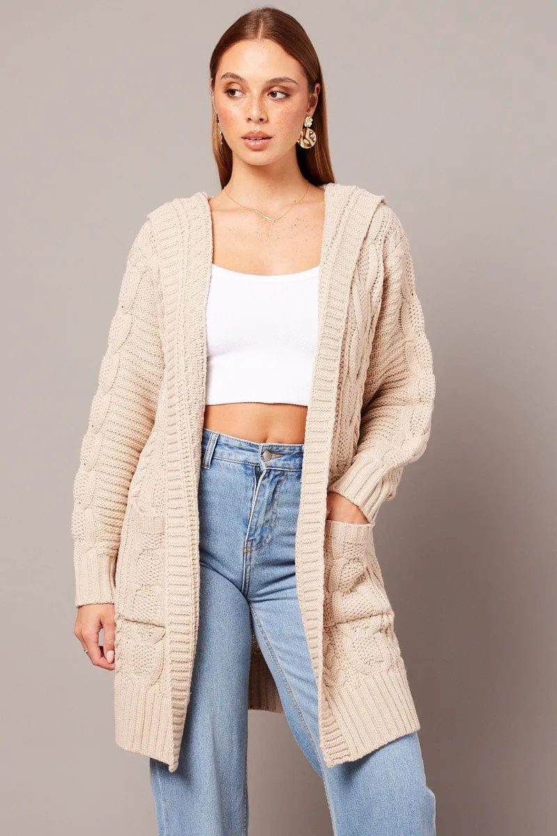 Beige Longline Cardigan Long Sleeve Hooded Cable Knit sold by Ally Fashion