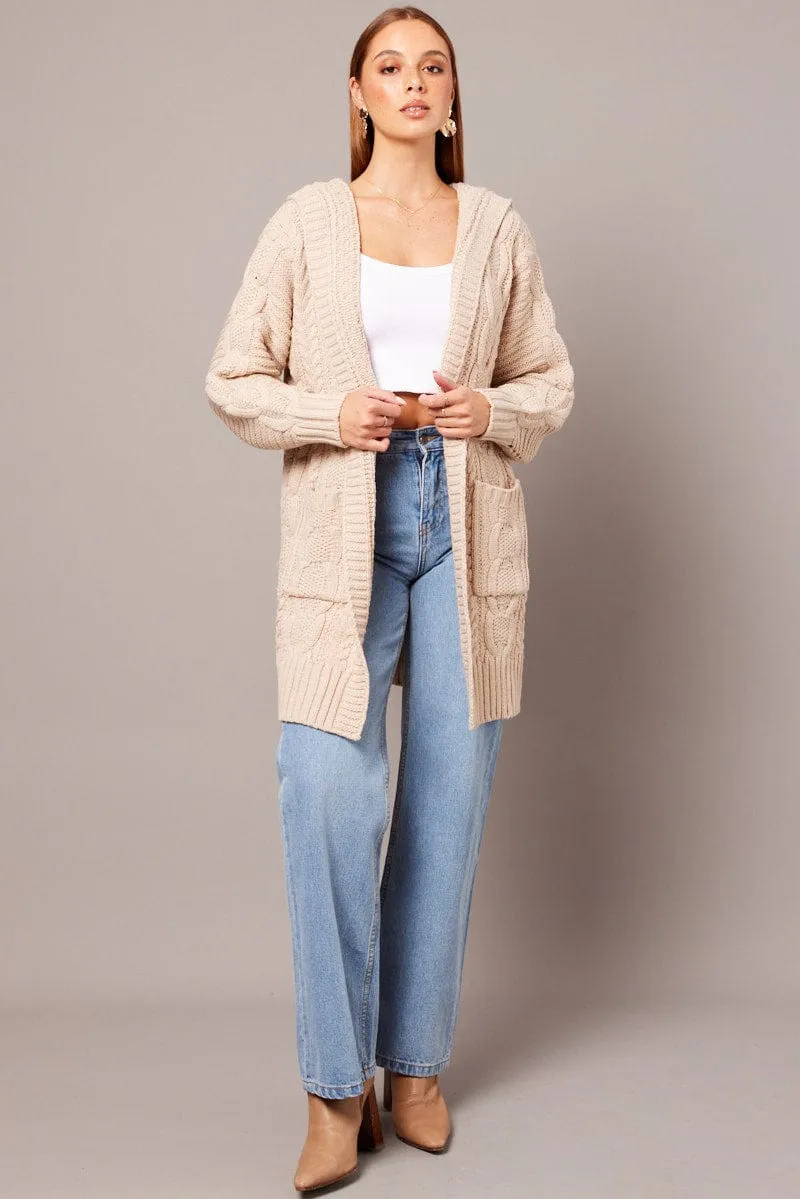 Beige Longline Cardigan Long Sleeve Hooded Cable Knit sold by Ally Fashion product image thumbnail 2