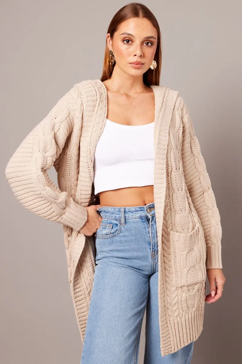 Beige Longline Cardigan Long Sleeve Hooded Cable Knit sold by Ally Fashion product image thumbnail 3