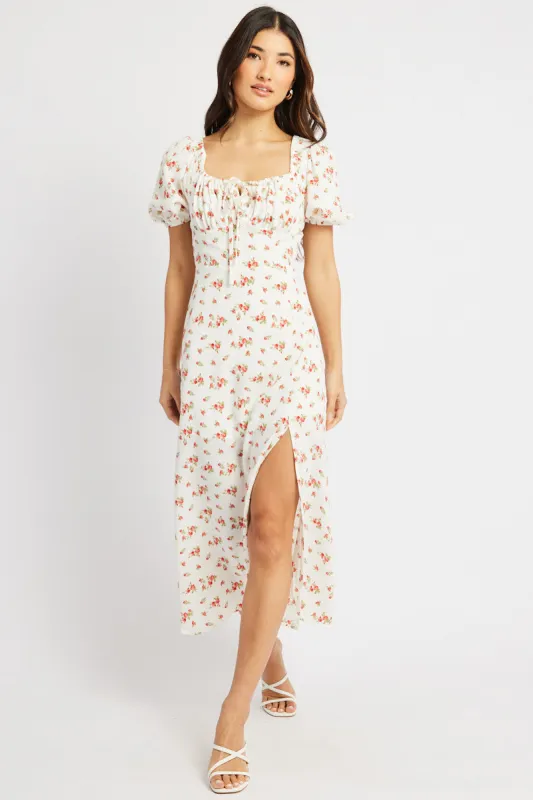 White Ditsy Midi Dress Short Sleeve Side Split sold by Ally Fashion