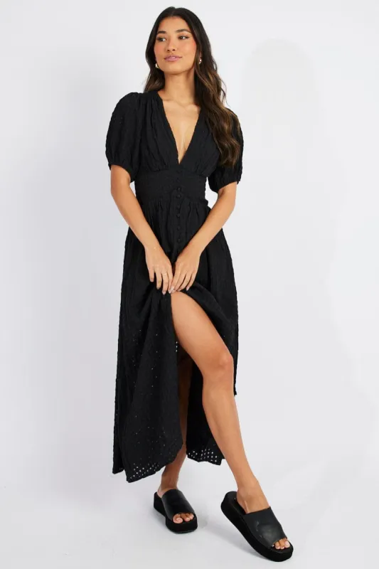 Black Midi Dress Puff Sleeve sold by Ally Fashion