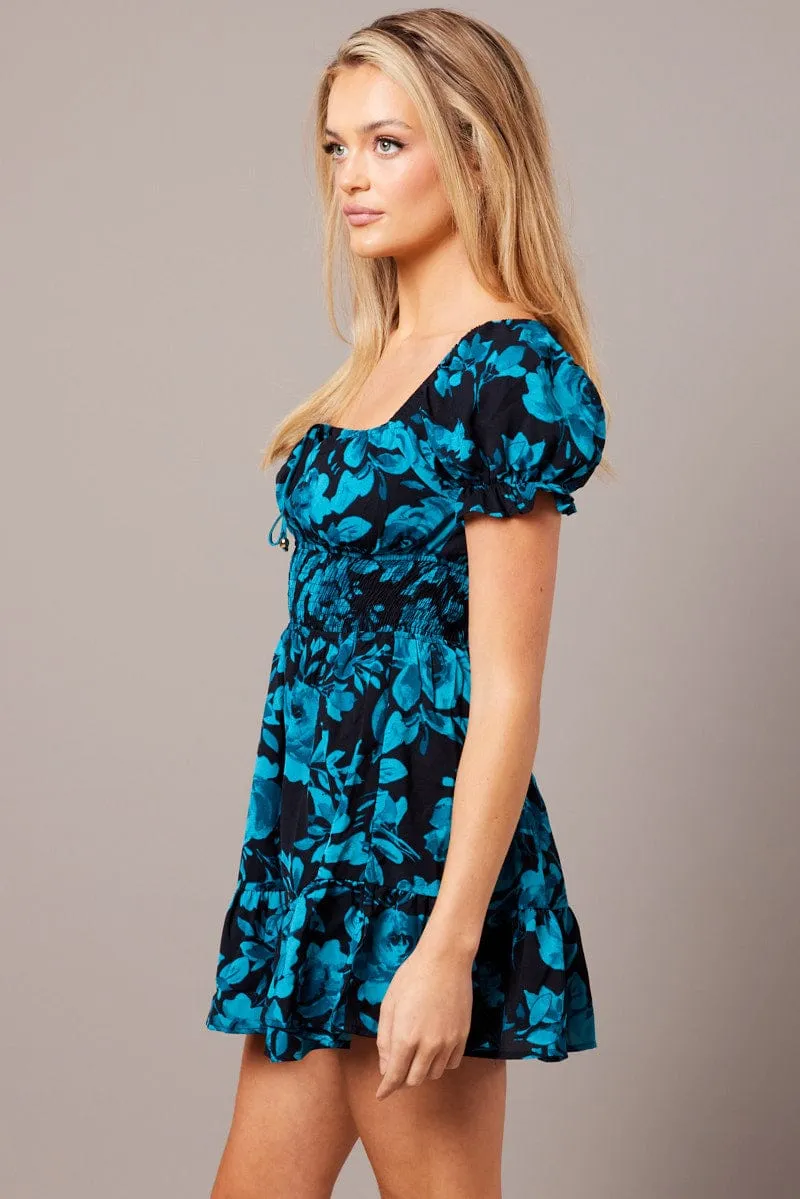 Blue Floral Fit And Flare Dress Puff Sleeve Mini sold by Ally Fashion product image thumbnail 4