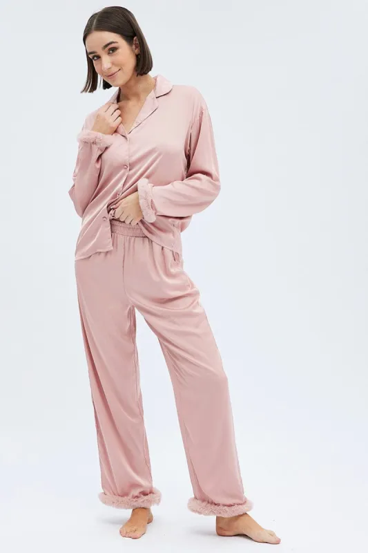 Pink Fur PJ Dusty Pink Satin Fluffy Trim Pyjama Set sold by Ally Fashion