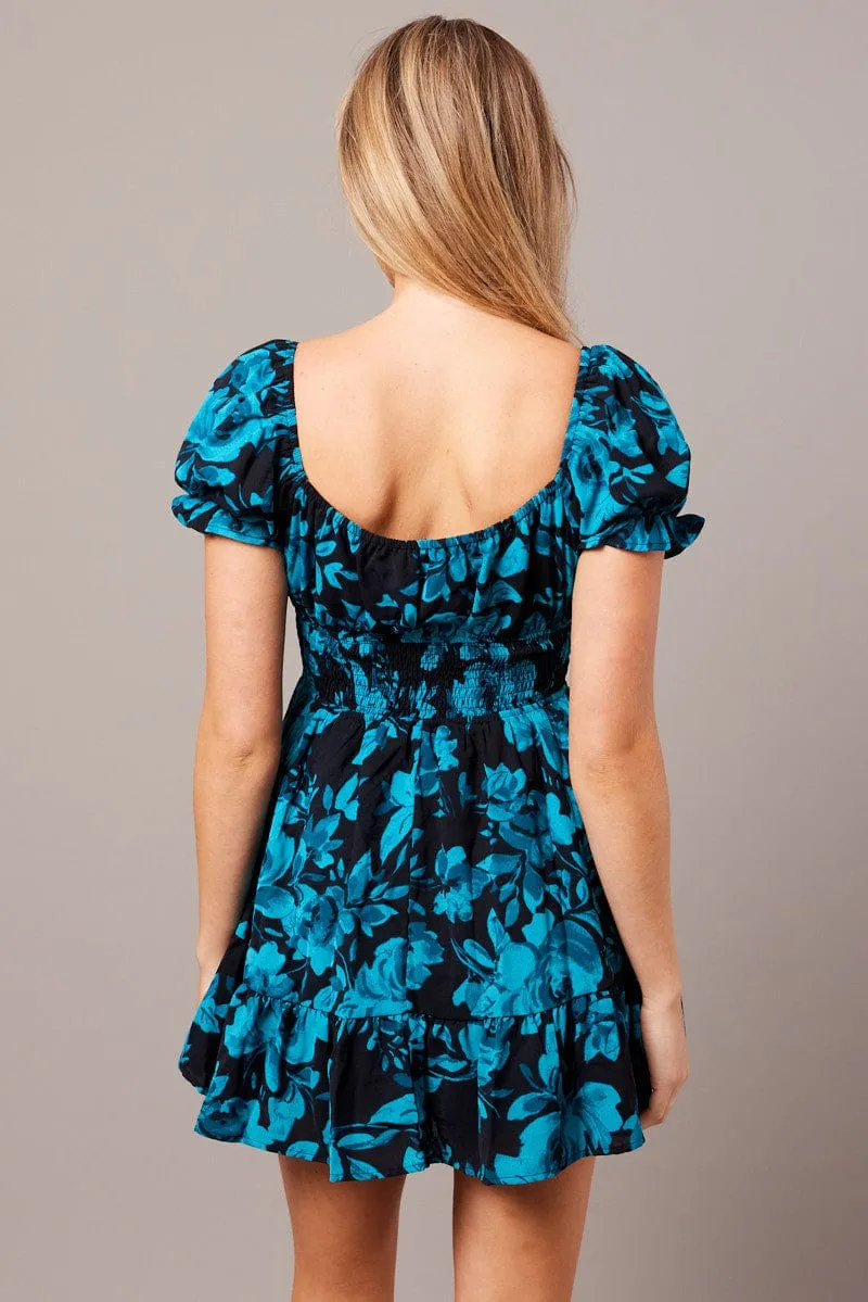 Blue Floral Fit And Flare Dress Puff Sleeve Mini sold by Ally Fashion product image thumbnail 5