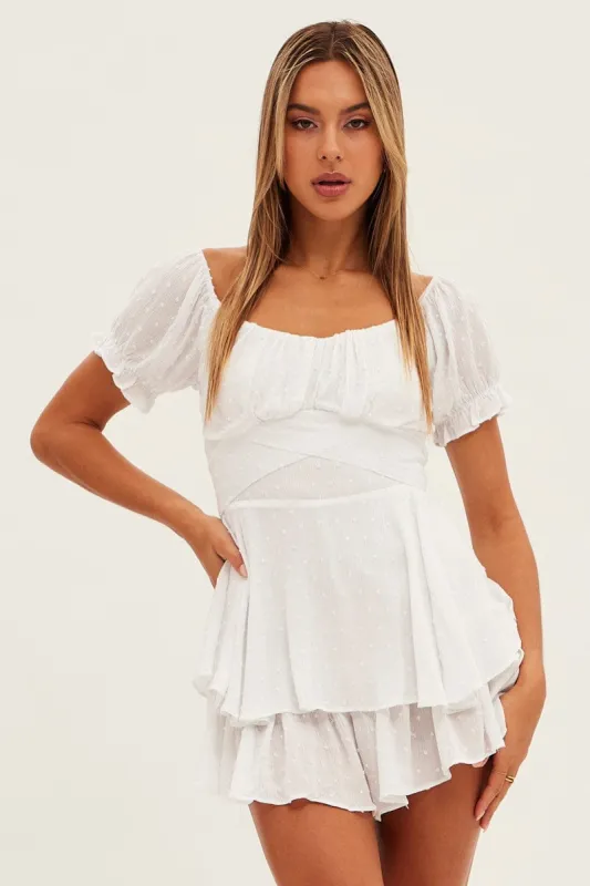 White Ruffle Playsuit Short Sleeve Tie Back sold by Ally Fashion