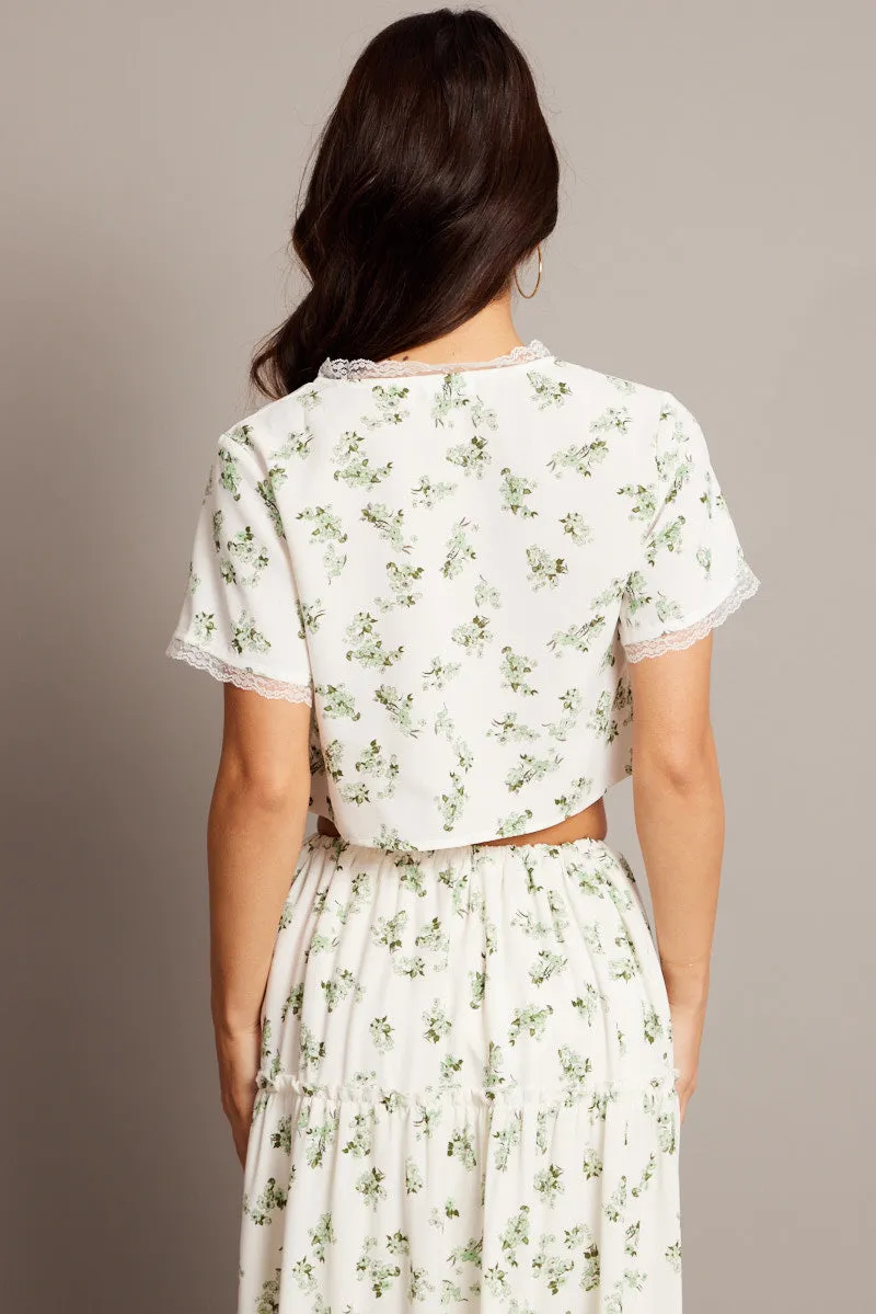 Green Floral Tie Up Lace Trim Top Short Sleeve Crop sold by Ally Fashion product image thumbnail 5