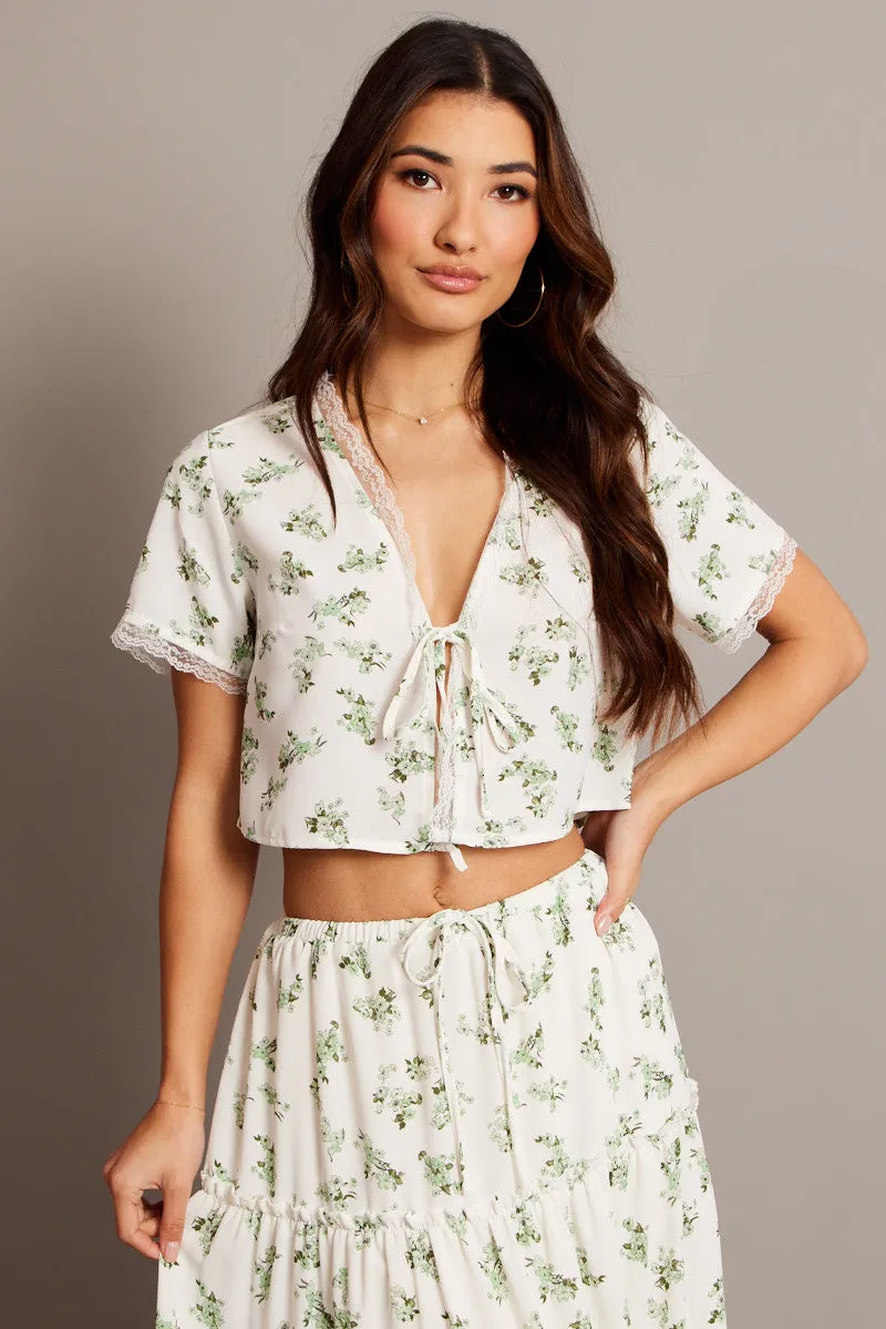 Green Floral Tie Up Lace Trim Top Short Sleeve Crop sold by Ally Fashion product image thumbnail 3