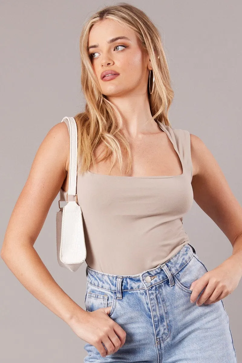 Beige Scoop Neck Tank Sleeveless sold by Ally Fashion