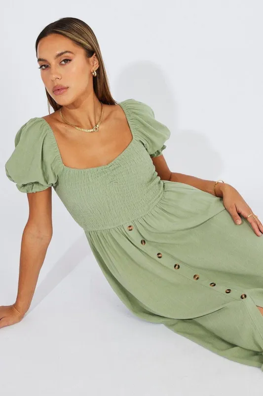 Green Midi Dress Puff Sleeve Linen Blend sold by Ally Fashion