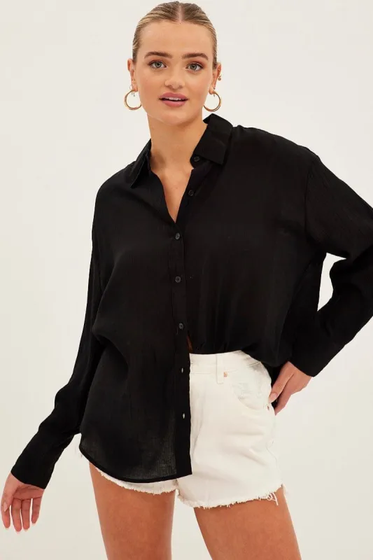 Black Textured Shirt Long Sleeve Collared sold by Ally Fashion