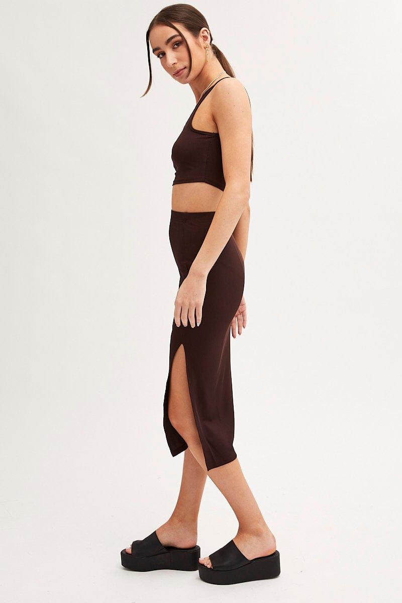 Brown Midi Skirt Front Split Jersey sold by Ally Fashion product image thumbnail 3