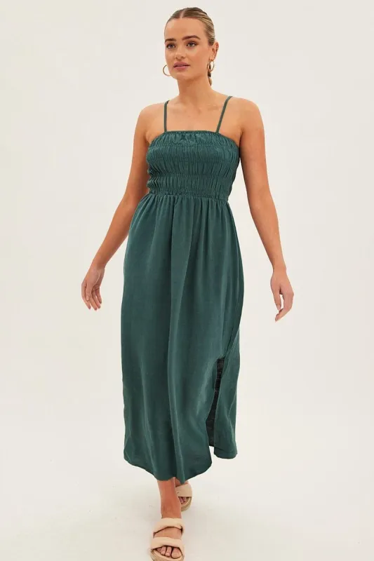 Green Maxi Dress With Straps Shirring Linen Blend sold by Ally Fashion