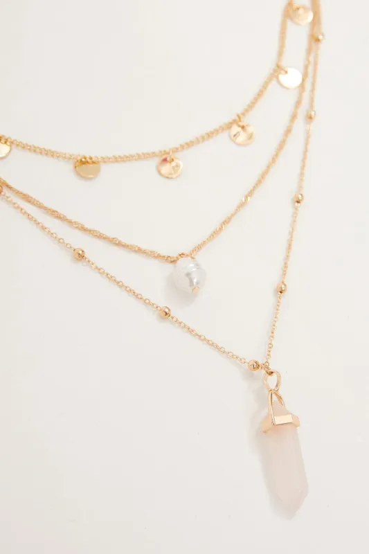 Rose Quartz Pendant Layered Chain Necklace sold by Ally Fashion