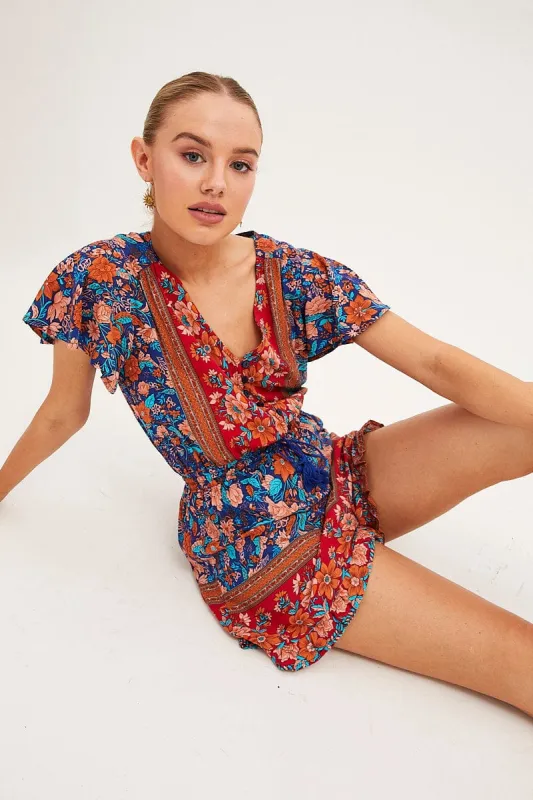 Boho Print V-Neck Playsuit Short Sleeve sold by Ally Fashion