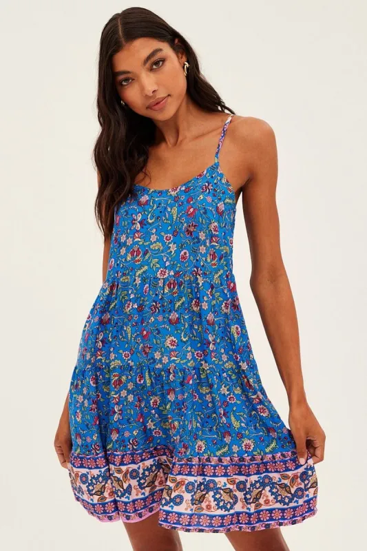 Blue Boho Fit And Flare Dress Sleeveless Mini Round Neck sold by Ally Fashion