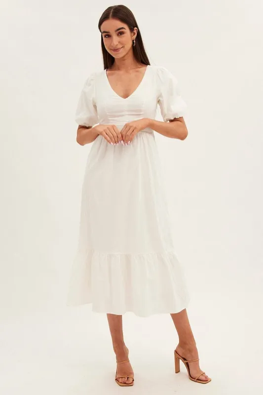White Maxi Dress V-Neck Short Sleeve Cotton Blend sold by Ally Fashion