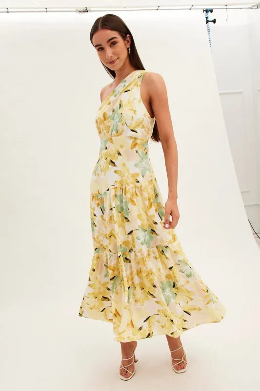 Yellow Floral Maxi Dress One Shoulder Asymmetric Tiered Satin sold by Ally Fashion