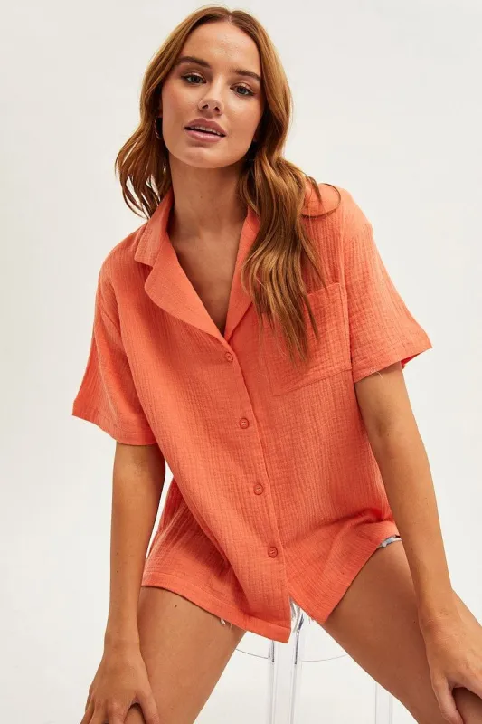 Orange Textured Shirt Short Sleeve Collared Cotton sold by Ally Fashion