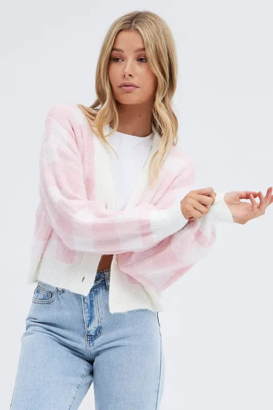 Pink Check Crop Knit Cardigan Check sold by Ally Fashion
