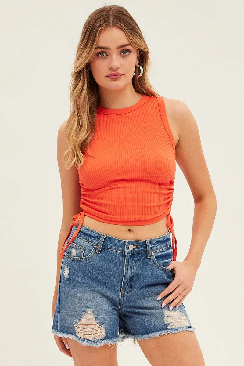 Orange Ruched Tank Top Crew Neck Seamless sold by Ally Fashion