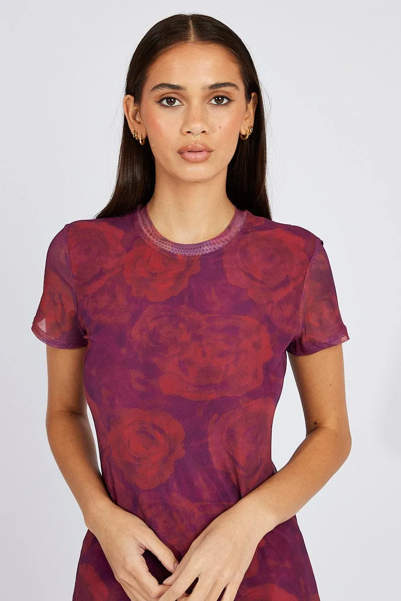 Red Floral Maxi Dress Short Sleeve Crew Neck Bodycon Mesh sold by Ally Fashion product image thumbnail 4